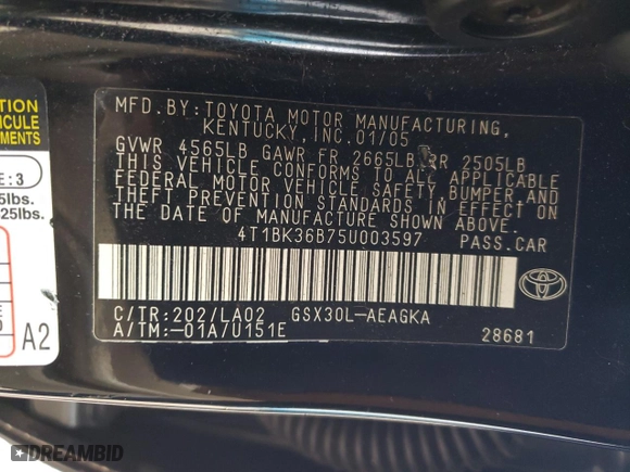 2005 Toyota Avalon XL with VIN 4T1BK36B75U003597, listed as a Copart auction lot 42414045 with NaN miles and Salvage Title. Bid and sale history available at carsss.com. Image 14.