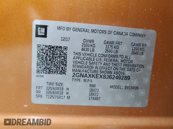 2018 Chevrolet Equinox LT with VIN 2GNAXKEX8J6249289, listed as a Copart auction lot 51837525 with 115,301 mi miles and Salvage Title. Bid and sale history available at DreamBid. Image 14.