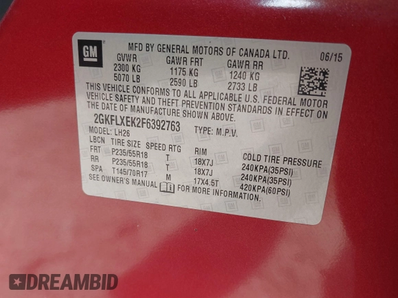 2015 GMC Terrain SLT with VIN 2GKFLXEK2F6392763, listed as a IAAI auction lot 41785630 with 190,080 mi miles and . Bid and sale history available at carsss.com. Image 9.