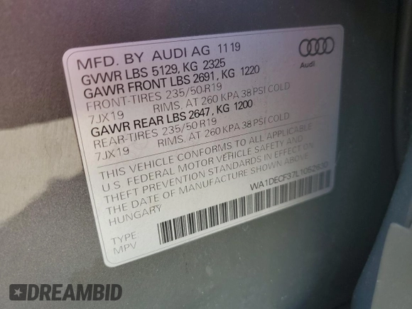 2020 Audi Q3 S line Premium with VIN WA1DECF37L1052630, listed as a Copart auction lot 45125555 with 57,910 mi miles and Non Repairable. Bid and sale history available at carsss.com. Image 15.