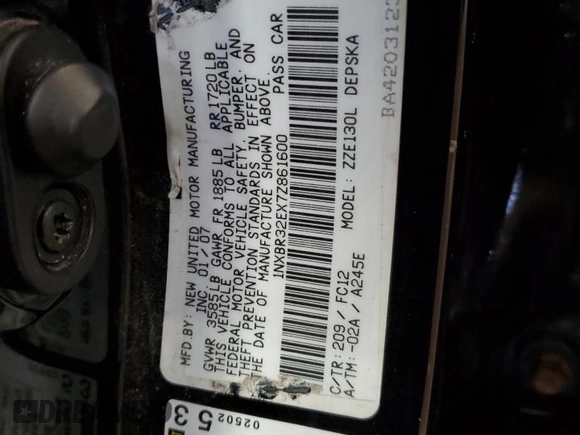2007 Toyota Corolla CE with VIN 1NXBR32EX7Z861600, listed as a Copart auction lot 55128525 with 70,007 mi miles and Non Repairable. Bid and sale history available at carsss.com. Image 13.