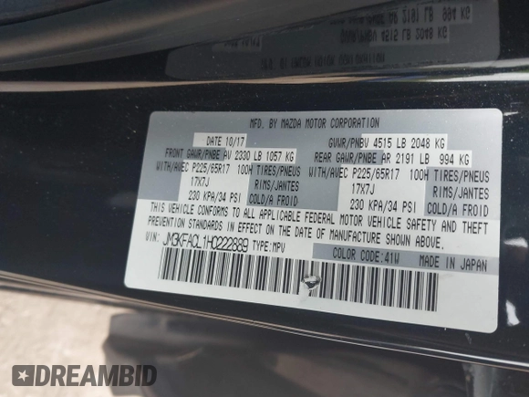 2017 Mazda CX-5 Touring with VIN JM3KFACL1H0222889, listed as a IAAI auction lot 41913789 with 153,321 mi miles. Bid and sale history available at carsss.com. Image 9.