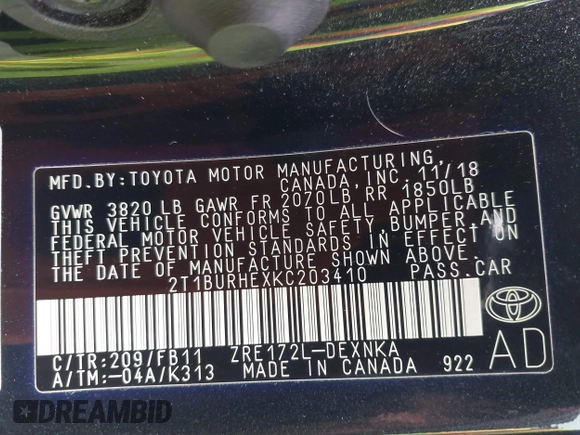 2019 Toyota Corolla L z VIN 2T1BURHEXKC203410, wystawiony jako IAAI lot #41898798 z przebiegiem 26 311 mil mil oraz . Historia ofert i sprzedaży dostępna na DreamBid. Obrazek 9.