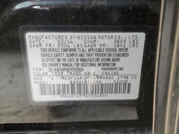 2016 Nissan Sentra SR with VIN 3N1AB7AP9GY256854, listed as a Copart auction lot 48748175 with 55,318 mi miles and Salvage Title. Bid and sale history available at DreamBid. Image 12.