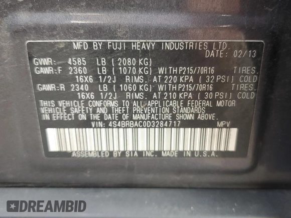 2013 Subaru Outback 2.5i with VIN 4S4BRBAC0D3284717, listed as a Copart auction lot 69178374 with 173,021 mi miles and Clean title. Bid and sale history available at DreamBid. Image 13.