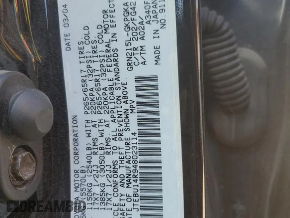 2004 Toyota 4Runner SR5 with VIN JTEBU14R948023114, listed as a Copart auction lot 56295725 with 190,104 mi miles and Clean title. Bid and sale history available at DreamBid. Image 13.
