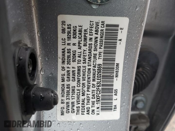 2020 Honda Civic LX with VIN 19XFC2F63LE026869, listed as a Copart auction lot 58776935 with 60,507 mi miles and Salvage title. Bid and sale history available at DreamBid. Image 12.