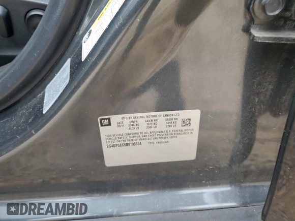 2011 Buick Regal CXL RL2 with VIN 2G4GP5EC8B9196834, listed as a Copart auction lot 74107594 with Not provided miles and Salvage title. Bid and sale history available at DreamBid. Image 14.
