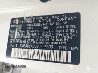 2011 Hyundai Tucson Limited with VIN KM8JUCAC0BU206509, listed as a IAAI auction lot 42034266 with 185,989 mi miles and . Bid and sale history available at DreamBid. Image 9.