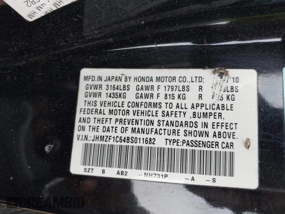 2011 Honda CR-Z EX with VIN JHMZF1C64BS011682, listed as a IAAI auction lot 41954242 with 156,775 mi miles. Bid and sale history available at carsss.com. Image 9.