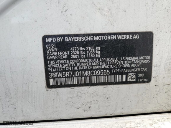 2021 BMW 3 Series 330i xDrive with VIN 3MW5R7J01M8C09565, listed as a Copart auction lot 47424065 with 37,075 mi miles and Salvage Title. Bid and sale history available at carsss.com. Image 12.