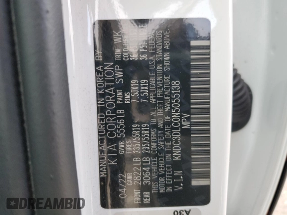2022 Kia EV6 Wind with VIN KNDC3DLC0N5055138, listed as a Copart auction lot 48755975 with 30,493 mi miles and Salvage Title. Bid and sale history available at carsss.com. Image 13.