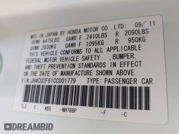 2012 Acura TSX Tech Pkg with VIN JH4CU2F61CC001779, listed as a IAAI auction lot 41848348 with 189,114 mi miles. Bid and sale history available at carsss.com. Image 9.