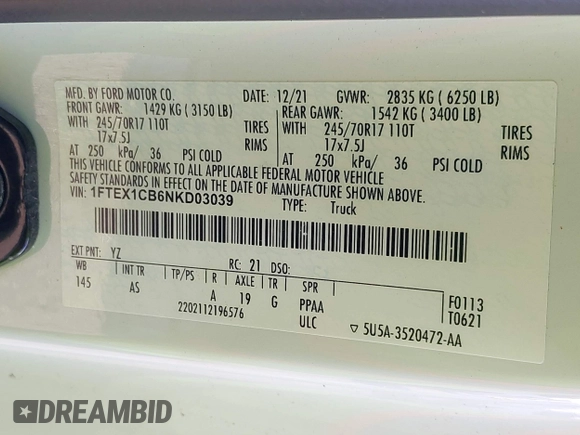 2022 Ford F-150 XL z VIN 1FTEX1CB6NKD03039, wystawiony jako IAAI lot #41930263 z przebiegiem 13 391 mil mil oraz . Historia ofert i sprzedaży dostępna na DreamBid. Obrazek 9.
