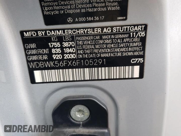 2006 Mercedes-Benz SLK 350 с VIN WDBWK56FX6F105291, выставлен на аукционе Copart как лот 55348014 с пробегом 159 233 миль миль и Чистый • Clean title. История ставок и продаж доступна на DreamBid. Изображение 12.