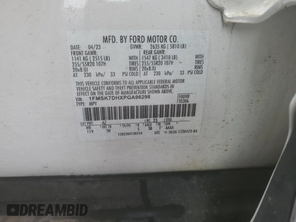 2023 Ford Explorer XLT z VIN 1FMSK7DHXPGA98298, wystawiony jako Copart lot #52018335 z przebiegiem 41 960 mil mil oraz Szkoda całkowita • Salvage title. Historia ofert i sprzedaży dostępna na DreamBid. Obrazek 13.