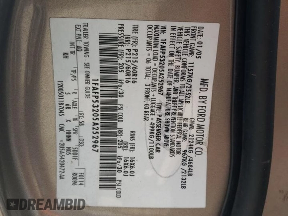 2005 Ford Taurus SE with VIN 1FAFP53205A252967, listed as a Copart auction lot 58449495 with Not provided miles and Salvage title. Bid and sale history available at DreamBid. Image 12.