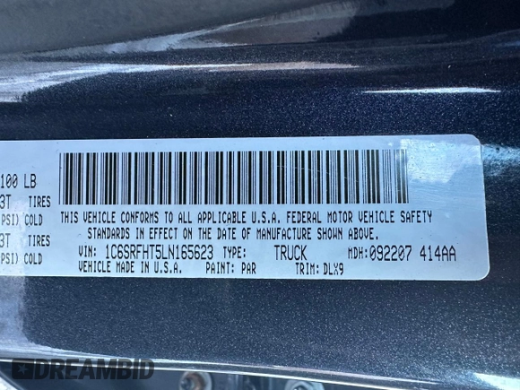 2020 Ram 1500 Limited with VIN 1C6SRFHT5LN165623, listed as a Copart auction lot 46228935 with 116,370 mi miles and Clean Title. Bid and sale history available at carsss.com. Image 10.