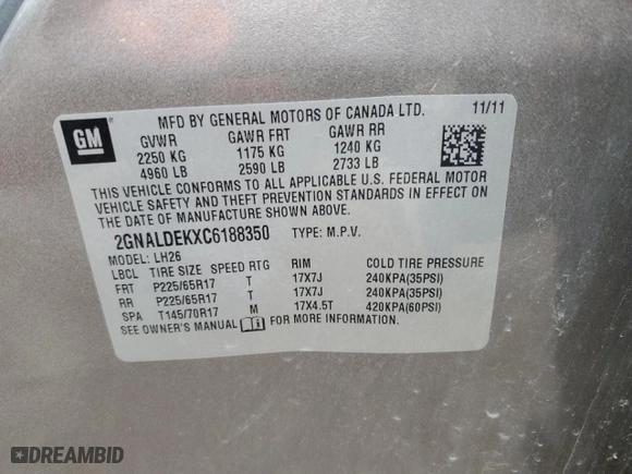 2012 Chevrolet Equinox LT w/1LT with VIN 2GNALDEKXC6188350, listed as a Copart auction lot 53714885 with 207,604 mi miles and Clean Title. Bid and sale history available at carsss.com. Image 13.