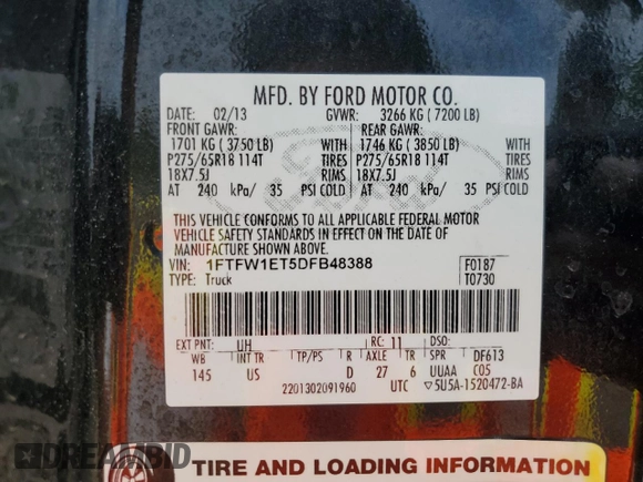 2013 Ford F-150 XL с VIN 1FTFW1ET5DFB48388, выставлен на аукционе Copart как лот 63731825 с пробегом 159 074 миль миль и Чистый • Clean title. История ставок и продаж доступна на DreamBid. Изображение 12.
