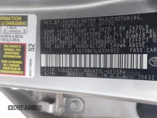 2020 Toyota Camry SE z VIN 4T1G11AK1LU334922, wystawiony jako IAAI lot #41964012 z przebiegiem 135 008 mil mil oraz . Historia ofert i sprzedaży dostępna na DreamBid. Obrazek 9.