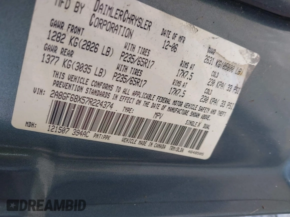 2007 Chrysler Pacifica Touring with VIN 2A8GF68X57R224374, listed as a IAAI auction lot 42667507 with 156,887 mi miles and . Bid and sale history available at DreamBid. Image 9.