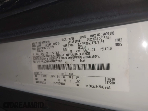 2019 Ford Transit with VIN 1FTYR2CM0KKB82003, listed as a IAAI auction lot 42693012 with 76,937 mi miles and . Bid and sale history available at DreamBid. Image 9.