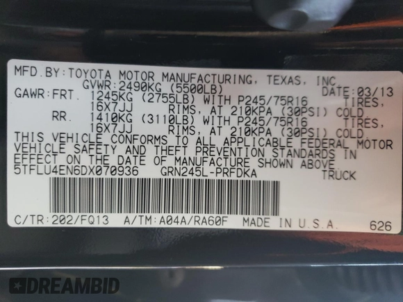2013 Toyota Tacoma with VIN 5TFLU4EN6DX070936, listed as a Copart auction lot 53331625 with 155,621 mi miles and Salvage Title. Bid and sale history available at DreamBid. Image 14.