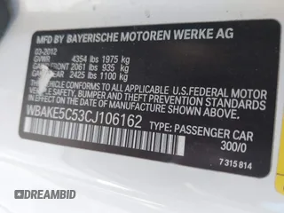 2012 BMW 3 Series 328i with VIN WBAKE5C53CJ106162, listed as a IAAI auction lot 41330065 with 160,624 mi miles and . Bid and sale history available at carsss.com. Image 9.