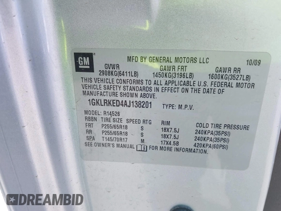 2010 GMC Acadia SL with VIN 1GKLRKED4AJ138201, listed as a IAAI auction lot 42690386 with 150,897 mi miles and . Bid and sale history available at DreamBid. Image 9.