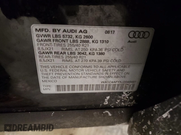 2018 Audi SQ5 Prestige with VIN WA1C4AFYXJ2048481, listed as a Copart auction lot 82806644 with 122,171 mi miles and Salvage Title. Bid and sale history available at DreamBid. Image 13.
