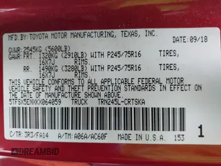 2019 Toyota Tacoma SR with VIN 5TFSX5ENXKX064059, listed as a IAAI auction lot 40901024 with 108,527 mi miles and . Bid and sale history available at DreamBid. Image 9.