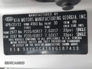 2011 Kia Sorento LX with VIN 5XYKTCA16BG187413, listed as a IAAI auction lot 42538874 with 162,002 mi miles and . Bid and sale history available at DreamBid. Image 9.