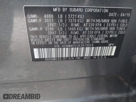 2019 Subaru Ascent Limited with VIN 4S4WMAPD0K3479059, listed as a IAAI auction lot 42472731 with 93,609 mi miles and . Bid and sale history available at DreamBid. Image 9.