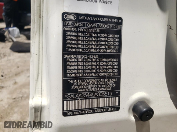2005 Land Rover LR3 SE z VIN SALAA25445A305519, wystawiony jako Copart lot #67533344 z przebiegiem Nie podano mil oraz Nie do naprawy • Non repairable. Historia ofert i sprzedaży dostępna na DreamBid. Obrazek 14.