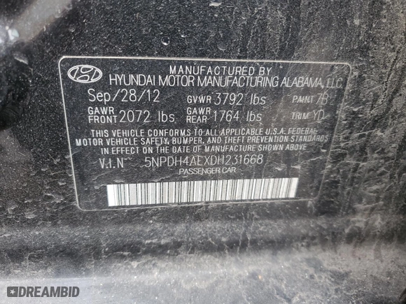 2013 Hyundai Elantra Limited PZEV with VIN 5NPDH4AEXDH231668, listed as a Copart auction lot 49846145 with 139,328 mi miles and Salvage Title. Bid and sale history available at carsss.com. Image 12.