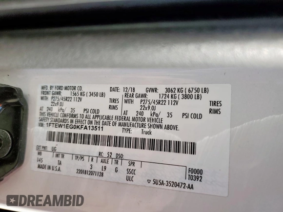 2019 Ford F-150 Limited with VIN 1FTEW1EG0KFA13511, listed as a Copart auction lot 47947495 with 112,361 mi miles and Salvage Title. Bid and sale history available at carsss.com. Image 13.