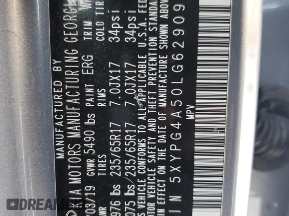 2020 Kia Sorento LX with VIN 5XYPG4A50LG629090, listed as a Copart auction lot 89159105 with 100,089 mi miles and Salvage Title. Bid and sale history available at DreamBid. Image 15.