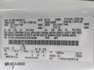2013 Ford Escape SE with VIN 1FMCU9GX0DUD93680, listed as a IAAI auction lot 41792386 with 262,671 mi miles and . Bid and sale history available at DreamBid. Image 9.