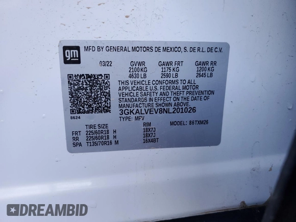 2022 GMC Terrain SLT with VIN 3GKALVEV8NL201026, listed as a Copart auction lot 51654795 with Not Provided miles and Salvage Title. Bid and sale history available at DreamBid. Image 12.