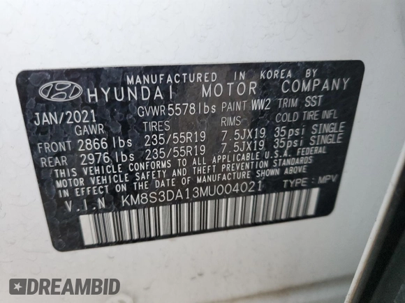 2021 Hyundai Santa Fe Hybrid SEL Premium with VIN KM8S3DA13MU004021, listed as a Copart auction lot 79228403 with 27,627 mi miles. Bid and sale history available at carsss.com. Image 16.