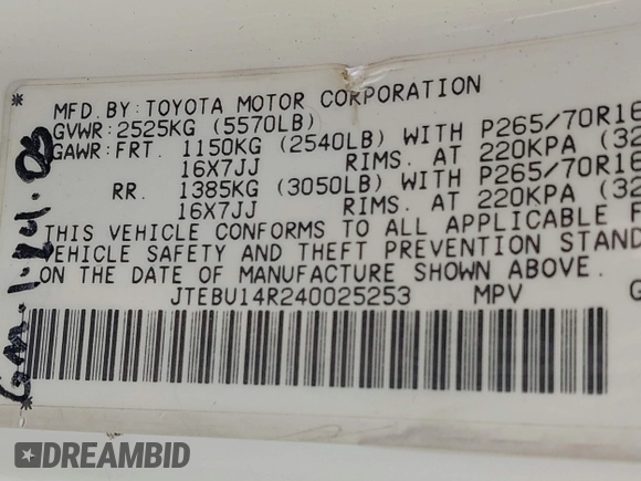 2004 Toyota 4Runner SR5 with VIN JTEBU14R240025253, listed as a IAAI auction lot 42170891 with 238,866 mi miles and . Bid and sale history available at DreamBid. Image 9.