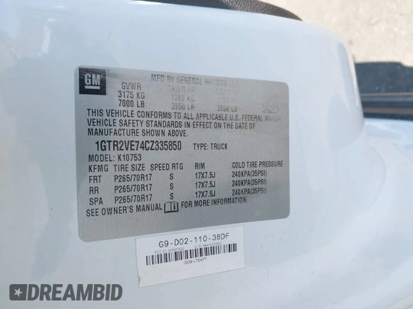 2012 GMC Sierra 1500 SLE z VIN 1GTR2VE74CZ335850, wystawiony jako IAAI lot #42214852 z przebiegiem Nie podano mil oraz . Historia ofert i sprzedaży dostępna na DreamBid. Obrazek 9.