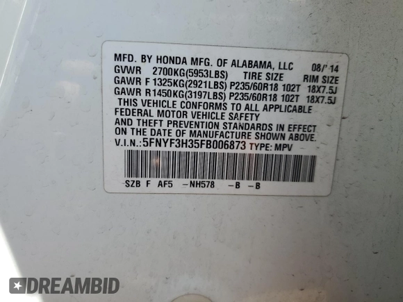 2015 Honda Pilot SE z VIN 5FNYF3H35FB006873, wystawiony jako Copart lot #51545275 z przebiegiem 150 500 mil mil oraz Szkoda całkowita • Salvage title. Historia ofert i sprzedaży dostępna na DreamBid. Obrazek 12.