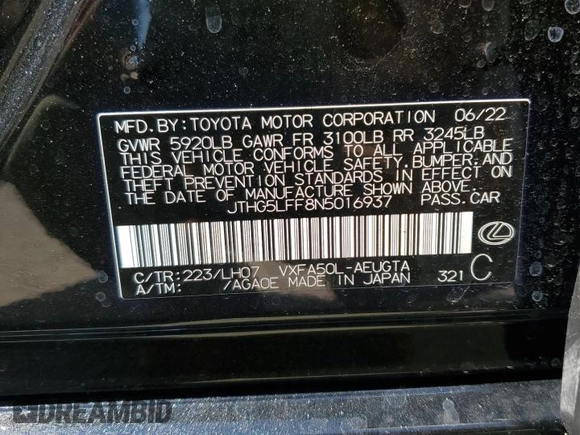 2022 Lexus LS z VIN JTHG5LFF8N5016937, wystawiony jako Copart lot #61868794 z przebiegiem 4 846 mil mil oraz Nie do naprawy • Non repairable. Historia ofert i sprzedaży dostępna na DreamBid. Obrazek 12.
