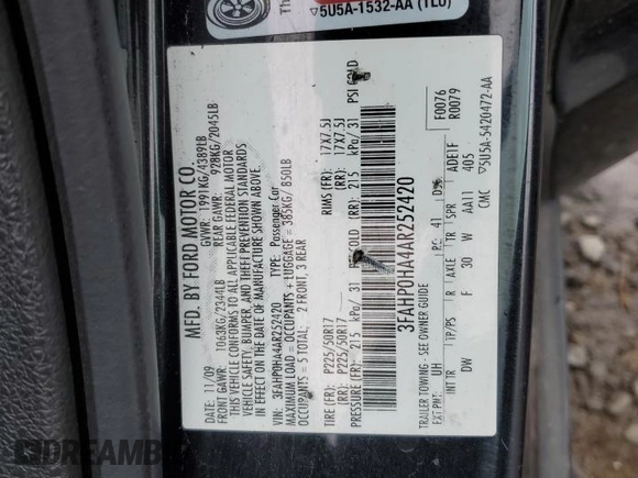 2010 Ford Fusion SE with VIN 3FAHP0HA4AR252420, listed as a Copart auction lot 50619045 with 216,186 mi miles and Salvage Title. Bid and sale history available at DreamBid. Image 12.
