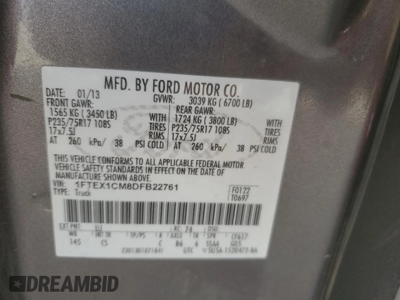 2013 Ford F-150 XL with VIN 1FTEX1CM8DFB22761, listed as a Copart auction lot 81701414 with Not Provided miles and Salvage Title. Bid and sale history available at carsss.com. Image 12.
