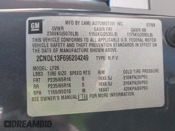 2009 Chevrolet Equinox LS with VIN 2CNDL13F696204249, listed as a IAAI auction lot 39913002 with 68,103 mi miles and . Bid and sale history available at DreamBid. Image 9.