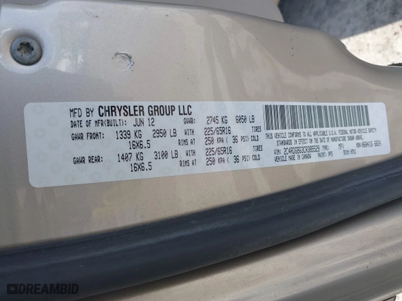 2012 Dodge Grand Caravan SE with VIN 2C4RDGBG3CR385529, listed as a IAAI auction lot 41506810 with 153,300 mi miles. Bid and sale history available at carsss.com. Image 9.
