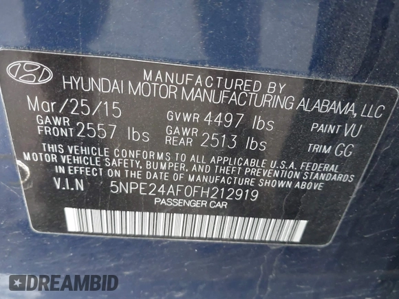 2015 Hyundai Sonata SE with VIN 5NPE24AF0FH212919, listed as a IAAI auction lot 42149682 with 141,987 mi miles and . Bid and sale history available at DreamBid. Image 9.
